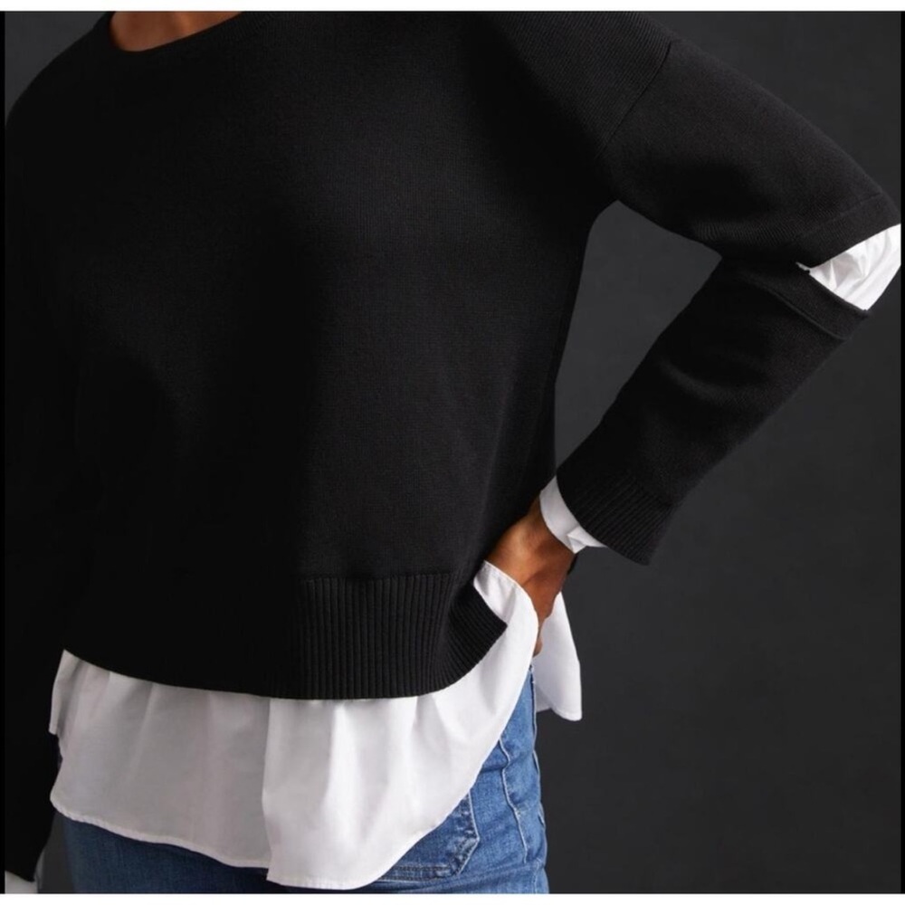 ANTHROPOLOGIE Women's TwoFer cutout layered black and white sweater M - Picture 10 of 13